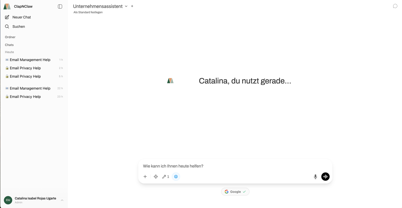 ClapNClaw Chat-Oberfläche — KI-Assistent für Ihr Unternehmen