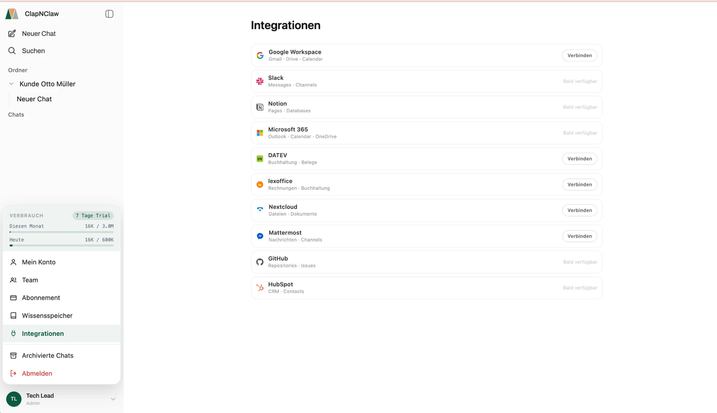 ClapNClaw Integrationen — Google Workspace, DATEV, lexoffice, Slack, Notion