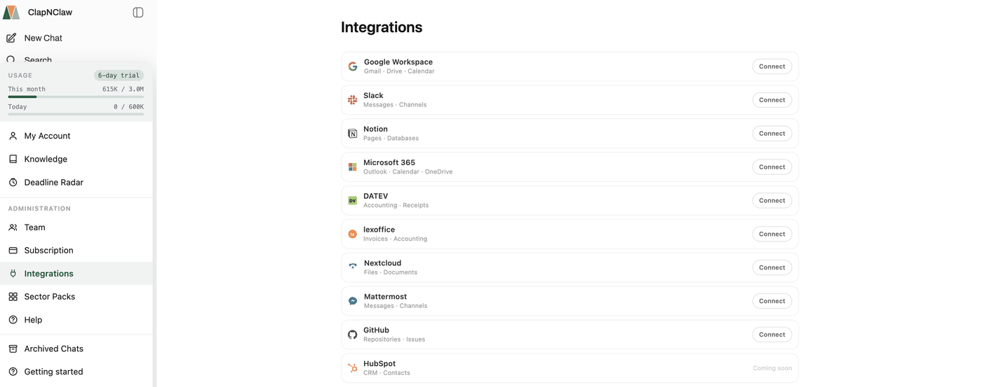 ClapNClaw integrations — Google Workspace, DATEV, lexoffice, Slack, Notion