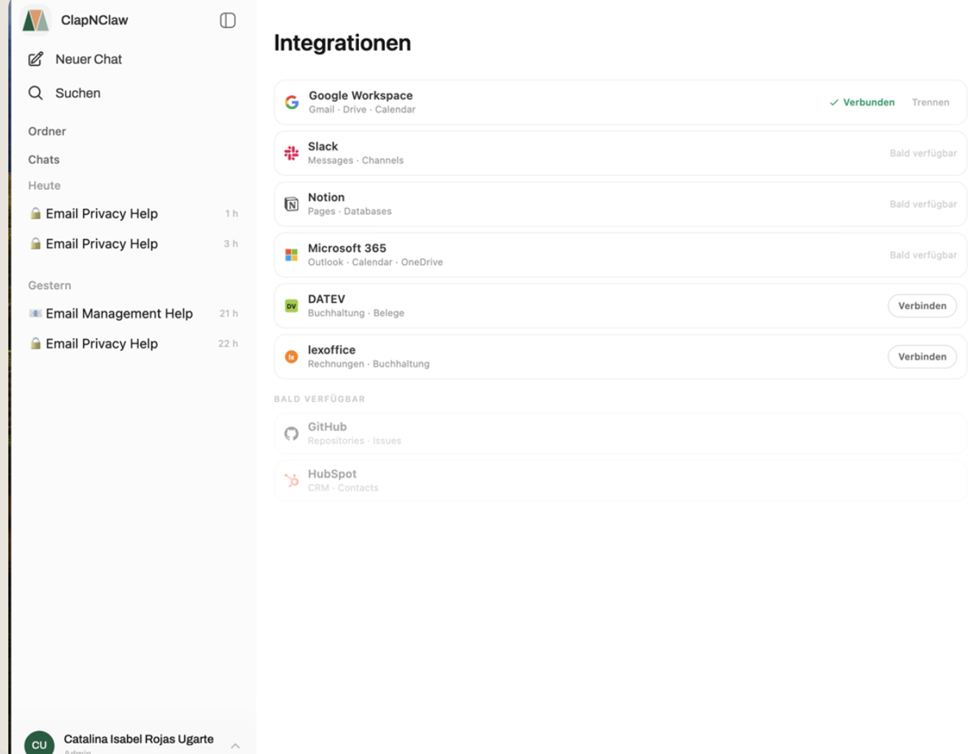 ClapNClaw Integrations — Google Workspace, DATEV, lexoffice, Slack, Notion